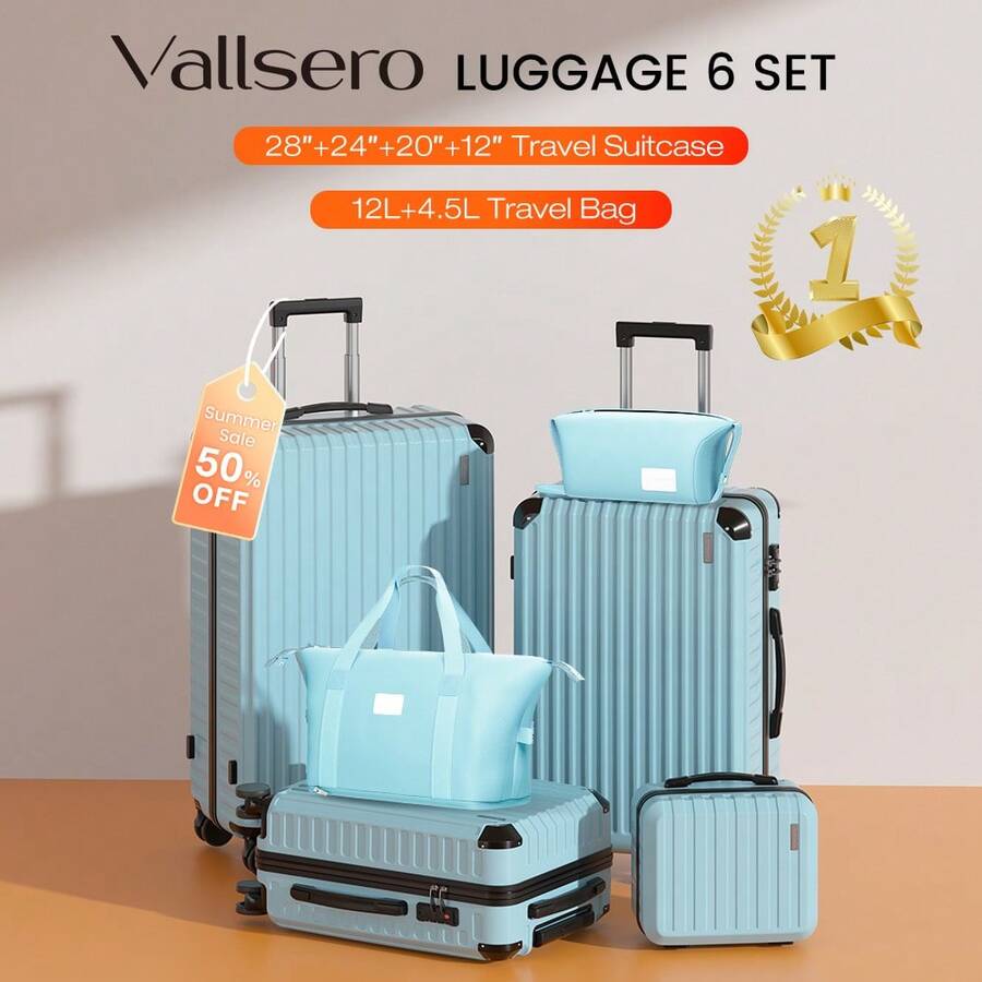 VALLSERO LG2 Set di valigie rigide in ABS da 6 pezzi con ruote, lucchetto TSA, borsa da viaggio e trousse per cosmetici - celeste - Visualizzare 1