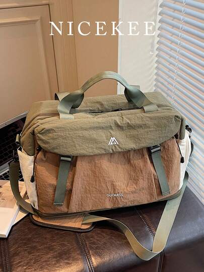 时尚复古撞色多口袋旅行包，多功能便携可折叠收纳包，适合日常使用，可扩展，简约休闲行李包，大容量斜挎包，适合旅行、商务出行、郊游、开学典礼等场合。