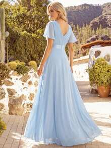 Elegant V-Neck A-Line Ruffle Sleeve Chiffon Bridesmaid Dress, Wedding Guest Dress, Spring Semi-Formal Dress For Wedding, Birthday Party, Graduation, Valentine's Day - Baby Blue - View 7