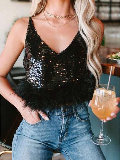 Womens Cami V-Neck Adjustable Strap Summer Top Sequin Feather Crop Vest Glamorous Edgy Party Club