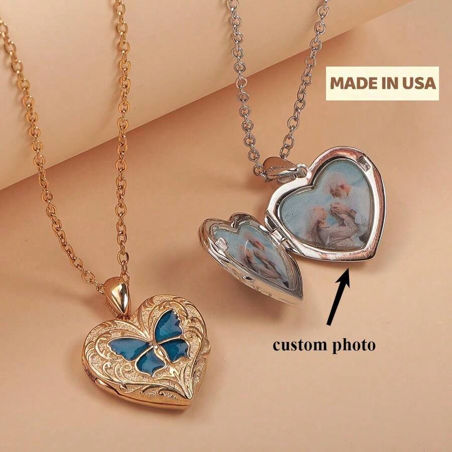 Customized Personalized Double Photo Color Love Butterfly Pendant Necklace, Mother's Day Gift, Valentine's Day Birthday Anniversary Commemoration, Friends And Classmates Graduation, Christmas High-End Family Gift - Multicolor - View 1