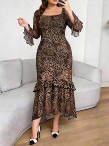 女式优雅性感长袖褶饰双层抽象豹纹连衣裙 - 咖啡棕 - 查看 2