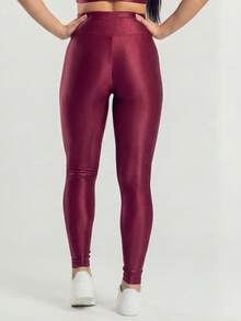 Women's Ribbed High-Waisted Fitness Leggings With A Shimmering Finish, Perfect For Premium Workouts. - Merah tua - View 3