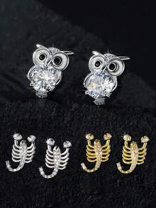 1 par de pendientes de aro con diseño de cabeza de leopardo con circonita completa, y 1 par de pendientes de botón con diseño de búho de lujo con circonita de cobre, en colores dorado y plateado, con diseño único de esqueleto de escorpión, adecuados para uso diario y de fiesta, unisex - Multicolor - Ver 1