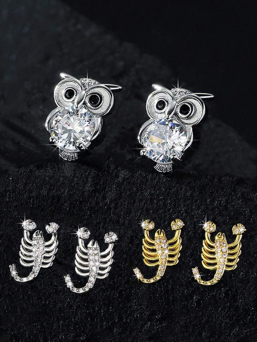 1 par de pendientes de aro con diseño de cabeza de leopardo con circonita completa, y 1 par de pendientes de botón con diseño de búho de lujo con circonita de cobre, en colores dorado y plateado, con diseño único de esqueleto de escorpión, adecuados para uso diario y de fiesta, unisex - Multicolor - Ver 1