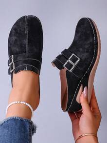 Women's New Round Toe Casual Style Double Buckle Decor Design, Comfortable & Versatile, Black, Retro Platform Slip-On Loafers - Black - View 3