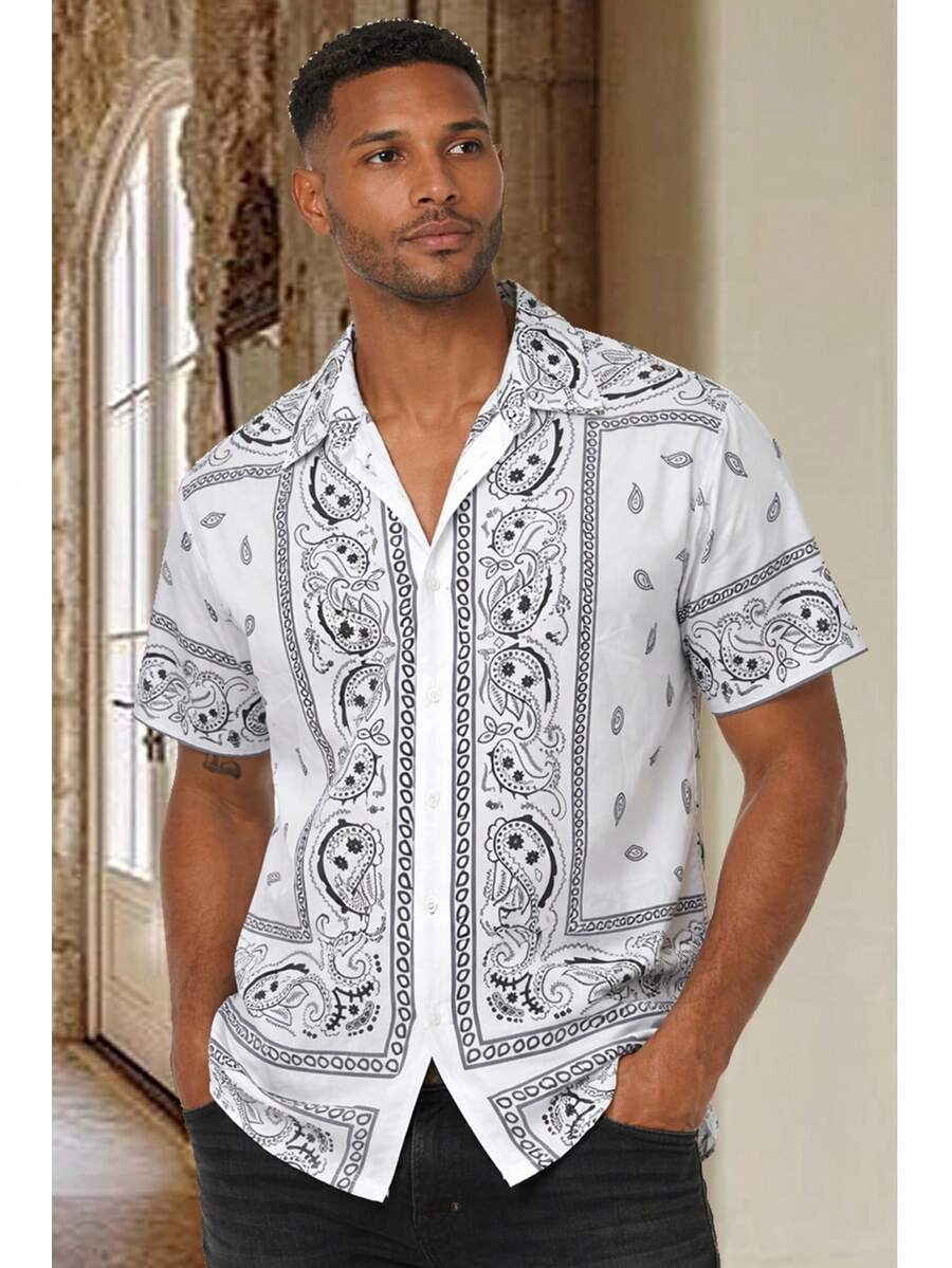 Men's Woven Fashionable Casual Paisley Printed Loose Short Sleeve Shirt For Daily Use - White - View 1
