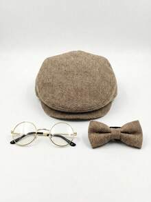 3pcs Newborn Baby Boy Gentleman Striped Beret Hat, Bow Tie And Glasses, Khaki Gray Striped Flat Cap Set, Infant Photography Props, Baby Christening Gift - Multicolor - View 5