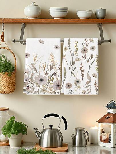 2Pcs Watercolor Lemon Floral Red And Yellow Flower Farmhouse Kitchen Towels, Vintage Tropical Country Farm Decor Dishcloth Holiday Party Supplies Handkerchiefs Suitable For Kitchen, Dining Room, And Dining Table