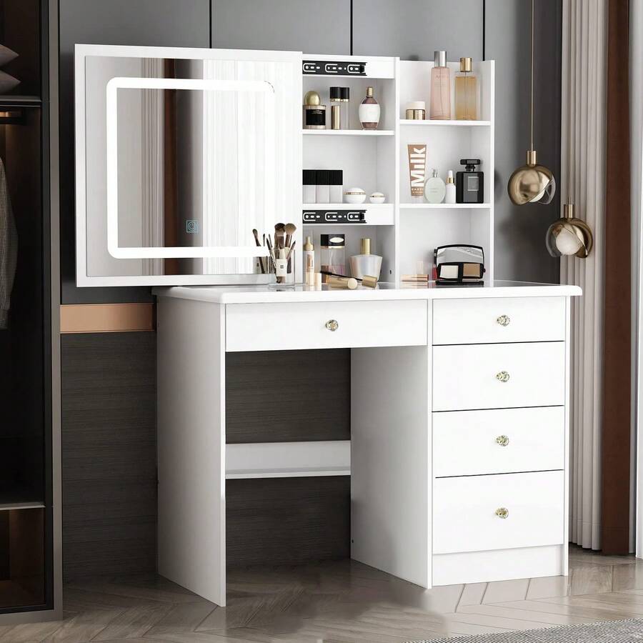 Tocador Vanity con Espejo Luz LED Mueble para Maquillaje Vintage Blanco con Espejo Movible Escritorio con 6 Cajones y Estantes De Almacenaje - Blanco - Derecha - Ver 1