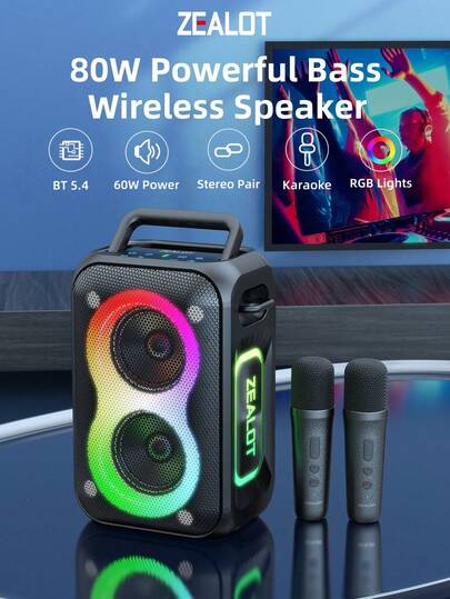  ZEALOT PT02 60W kabelloser Karaoke-Lautsprecher, Bluetooth-Lautsprecher, RGB Farblichter, kompatibel mit Smartphone/Tablet/TV. Unterstützt SD-Karte/USB/AUX-Eingang, Pairing-Funktion, geeignet für Auto, Outdoor, Camping, Party usw.