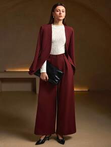 女士杏色纹理褶皱高领长袖修身上衣——完美适用于办公室、日常休闲和派对造型 - 米色 - 查看 1