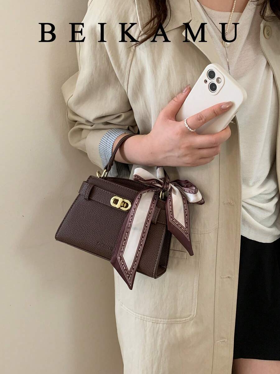 1个BEIKAMU纯色PU皮革女士手提包，优雅丝巾配饰，多功能女士单肩包，适合工作、购物、日常使用 - 咖啡 - 查看 1