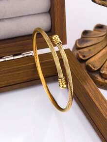1pc Stainless Steel Minimalist Textured Adjustable Bangle Bracelet, Suitable For Daily Wear - Bracelet - View 9