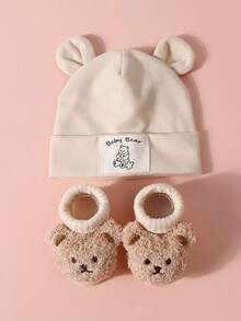 2 peças/Conjunto Chapéu Macio com Orelhas de Coelho + Meias de Urso de Pelúcia para Bebês de 0-12 Meses, Gorro Elástico para Bebês Recém-Nascidos, Conjunto Fofo para Uso Casual Diário Interno/Externo, Sessão de Fotos - 2 unidades - Visão 4