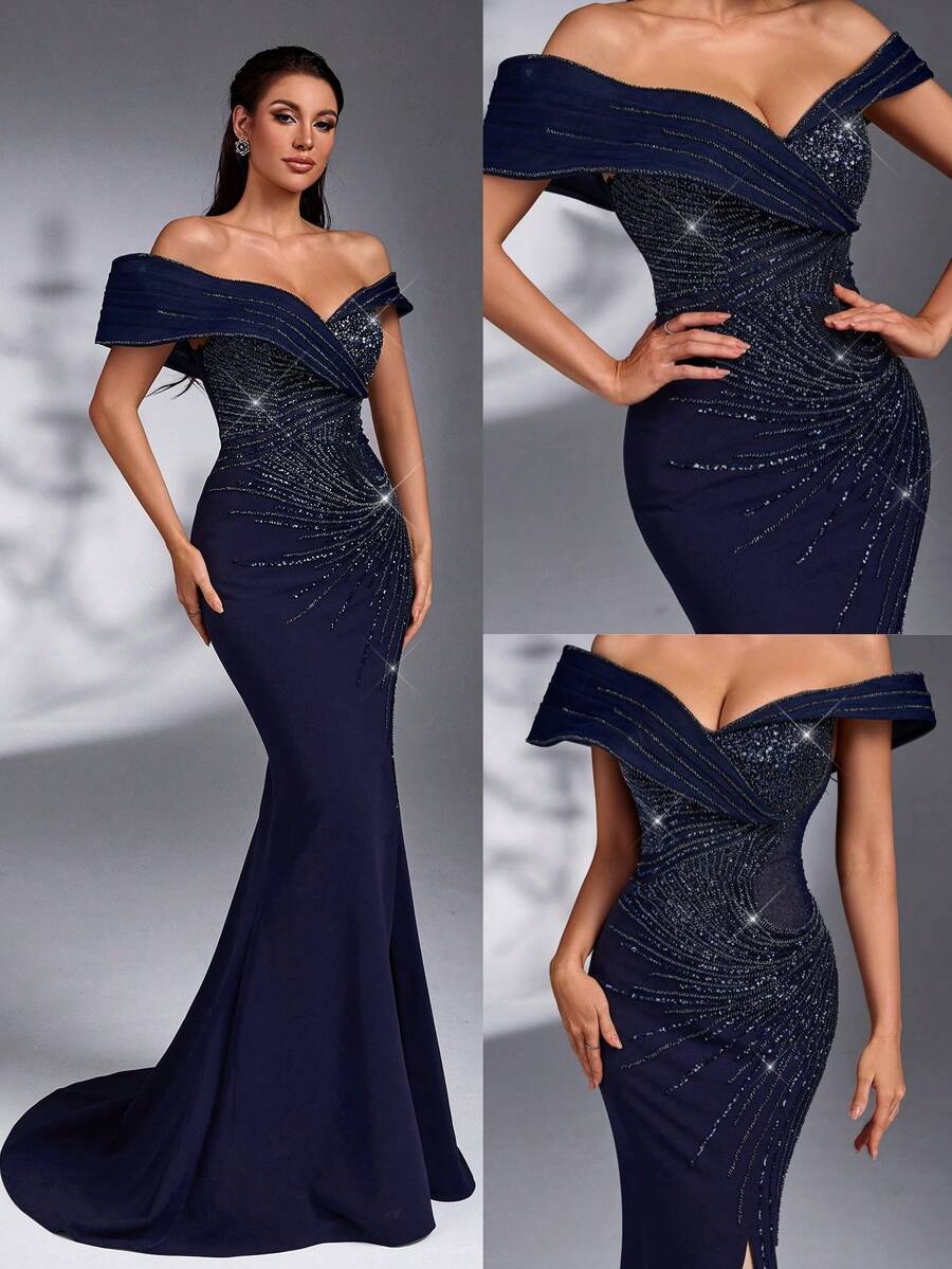 IBTRLY Elegant 3D Off-Shoulder Beaded Sequin Patchwork Elastic Fabric Waist Rhinestone Tie Adjustable Slit Mermaid Evening Gown For Formal Dinner Wedding