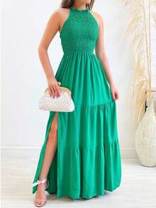 Elastek Elegant Slit Halter Neck Long Dress - Green - View 4