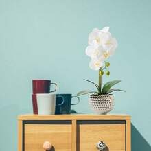 Flores Artificiales con Maceta Plateada Orquídeas Sintéticas Grandes para Decoración del Hogar Centro de Mesa de Interior o Baño-B029 - Plata y blanco - Ver 6