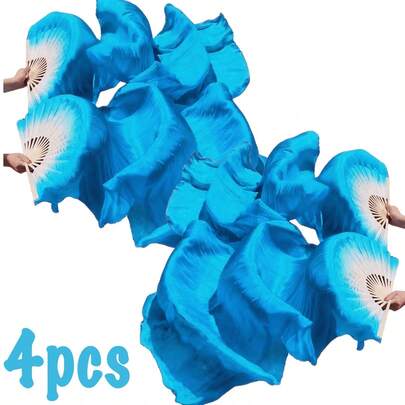 2对（左2把+右2把）女士肚皮舞仿丝扇舞台表演人造丝肚皮舞扇配饰纯色手工长竹扇