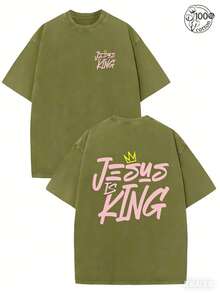 Jesus Is King, Believe In God,God Will Bless You,Classic Retro Fashion Jesus Popular Letter Pattern Printing Boutique 230g Washed Cotton T-Shirt Men's - 橄欖綠 - 查看 3