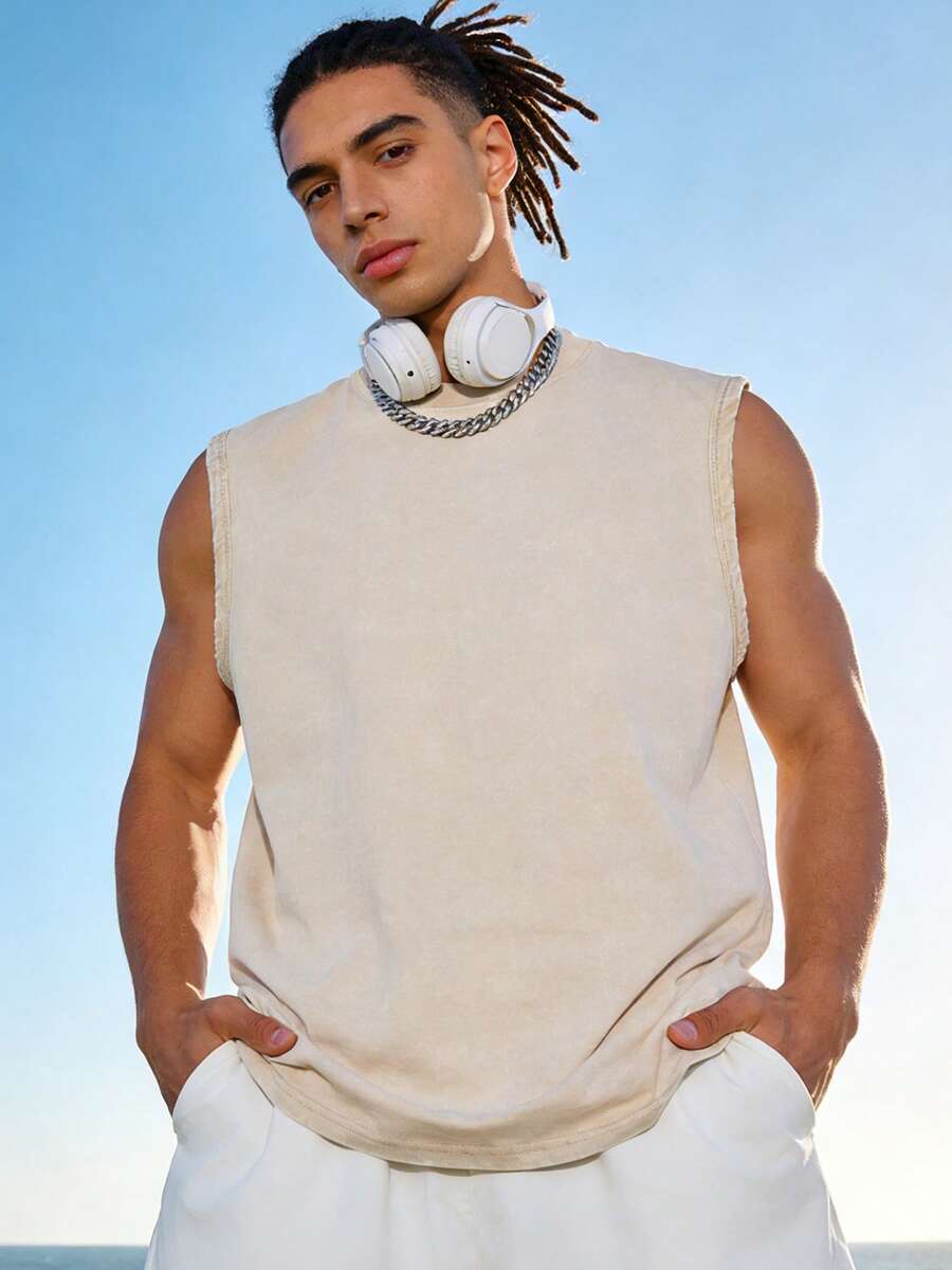 Men's Solid Color Vests, Tops Washed With Washing Technology, Suitable For Spring, Summer And Autumn, Street Hip-Hop Personality Vests,100% Cotton,Moisture-Wicking - 杏色 - 查看 1