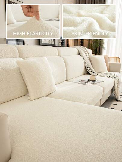 1pc Solid Color Teddy Fleece Stretch Sofa Seat Cushion Cover, L-Shaped Sofa Cover, Separate Sofa Backrest Cover, Furniture Protector, Elastic Sofa Cushion Cover, Dirt-Resistant & Non-Slip, Easy To Remove And Wash, Suitable For All Seasons, Ideal For Living Room Decor