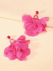 Bohemian Chiffon Flower Petal Drop Earrings Handmade Lightweight Layered Fabric Jewelry For Women Tropical Beach Vacation Party - Rose Red - View 7