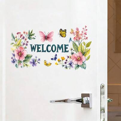 1/4pcs Floral Welcome Sign Sticker, Beautiful Butterfly Flower Wreath, Waterproof Self Adhesive Wall Decal, Front Door Entrance Decor, Removable Vinyl Mural