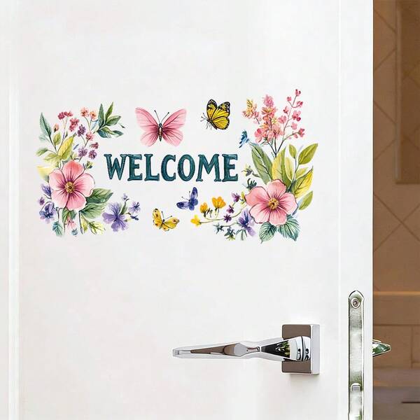 1/4pcs Floral Welcome Sign Sticker, Beautiful Butterfly Flower Wreath, Waterproof Self Adhesive Wall Decal, Front Door Entrance Decor, Removable Vinyl Mural