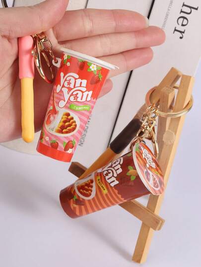 Realistic Strawberry Chocolate Sauce Cookie Keychain, Cartoon Pendant, Bag Accessory, Pendant, Toy Cup-Shaped Cookie Stick Mini Creative Backpack Pendant, Bag Decoration, Women's Keychain, Car Keychain, Suitable As Gifts For Women's Birthday, Valentine's Day, Back To School, For Friends, Teachers Or A Fun Little Gift