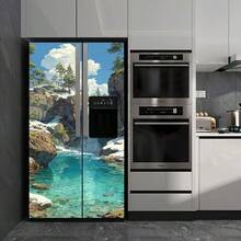 Waterfall Scenery Double Door Refrigerator Sticker, Self-Adhesive, Removable, 2D Flat Refrigerator Decoration, Removable Sticker, Kitchen Sticker, Home Decor Sticker, Creative Homeowner's Wardrobe Decoration, Suitable For Refrigerator Cabinets, Kitchen Wardrobes, Bedroom Wall Cabinets, Easy To Install And Remove (Just A Sticker) - Style 1 - View 6