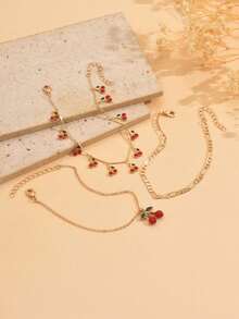 3pcs/Set Sweet Cherry Pendant Anklet, Cute Cherry Tassel Foot Jewelry Fashion Anklet Set, Suitable For Daily Wear, Beach Party, Dating - Multicolor - View 3