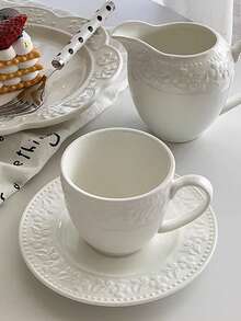 1Pc French Style Light Luxury Exquisite Flower Bead Relief Pure White Ceramic Milk Pot Coffee Cup Plate,Perfect For Home Use,Insulated,Reusable - Multicolor - View 5