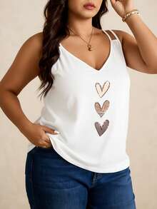 Plus Size Women Casual V-Neck Sleeveless Camisole, Heart Print Slim Fit Cami Top, Fashionable For Commuting And Vacation, Summer - White - View 2