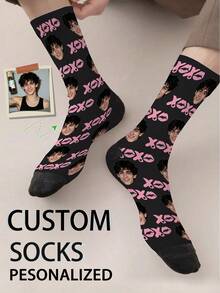 1 Pair Customized Boat Socks With Bow Tie Pattern, Personalized Face Design, Couples Socks, Custom Photo Socks, Custom Printed Socks, Personalized Funny Face Pattern Socks, Custom Image Socks, Any Design Can Be Printed On Socks, Anniversary Gift, Valentine's Day Gift, Birthday Gift - Black - View 5