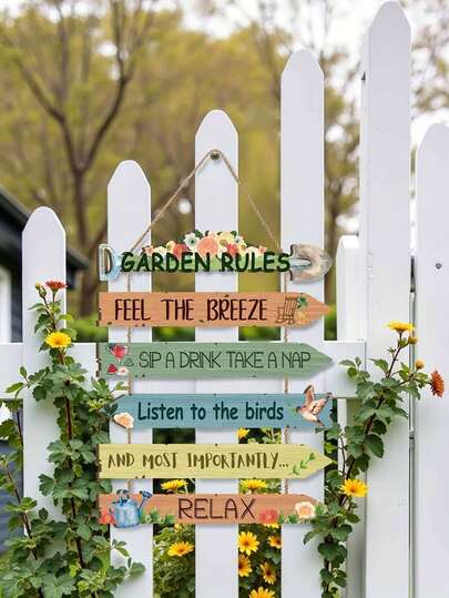 6pcs Wooden Garden Rules Wall Signs, Floral & Relaxing Quotes To Feel The Breeze In Outdoor Yard, Country Hanging Wooden Plaques, Spring Garden Welcome Signs, Gift For Gardener Lady Home Decor