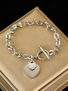 1 pièce Nouveau bracelet en acier inoxydable à double cœur à la mode pour femmes, bijou imperméable idéal comme cadeau, convient pour les vacances - Argent - Voir 2