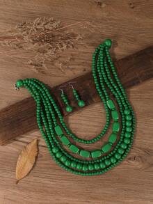 1 Bộ vòng cổ hạt gỗ nhiều lớp thủ công, kiểu dáng boho, thích hợp cho nữ, đi biển, dự tiệc, các dịp trang trọng kiểu Trung Đông, trang sức cổ điển thời trang (vòng cổ và bông tai). - màu xanh lá - Xem 4