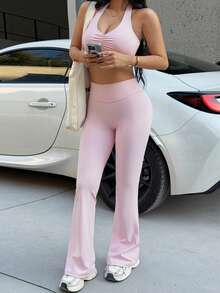 Aoqta Sports 女士夏季休闲纯色两件套，修身无袖露背荷叶边V领上衣搭配高腰显瘦喇叭裤，适合瑜伽、跑步、健身、日常穿着。 - 粉色 - 查看 6