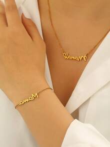 Minimalist Fashion Stainless Steel Jewelry Set, "Mom" Letter Pendant Necklace And Bracelet, Perfect Mother's Day Gift, Jewelry Accessories - Gold - View 5