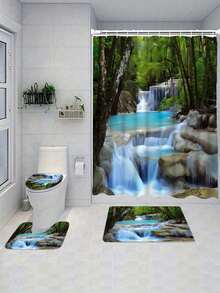 1/4 Piece Beautiful Waterfall Shower Curtain Set, Bathroom Curtains, Deep Forest Shower Curtain, Waterproof Shower Curtain, Bathroom Rug, U-Shaped Toilet Mat, Toilet Seat Cover - A - View 7