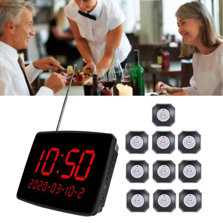 Sistema de llamada inalámbrico con pantalla de tiempo para restaurantes, localizadores de mesa con 10 botones y 1 receptor para hoteles, bares, hospitales, enchufe estadounidense. - Negro - Ver 1