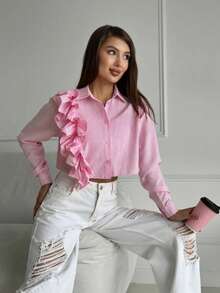 Solstice Apparel 女士优雅休闲日常荷叶边领条纹粉色衬衫，适合办公室、情人节、所有季节穿着 - 粉色 - 查看 4