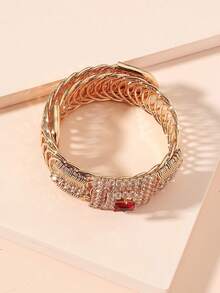 1 pieza Brazalete de primavera cuadrado de lujo con diamantes completos, joyería de moda para fiesta, regalo de boda - Diamante rojo - Ver 3