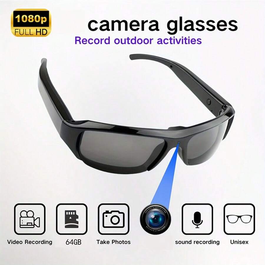 一副户外运动视频眼镜，智能视频眼镜，电池续航90分钟，75°广角，可穿戴式摄像头，随身摄像头，适用于骑行、会议、录像等场景，附赠64GB存储卡