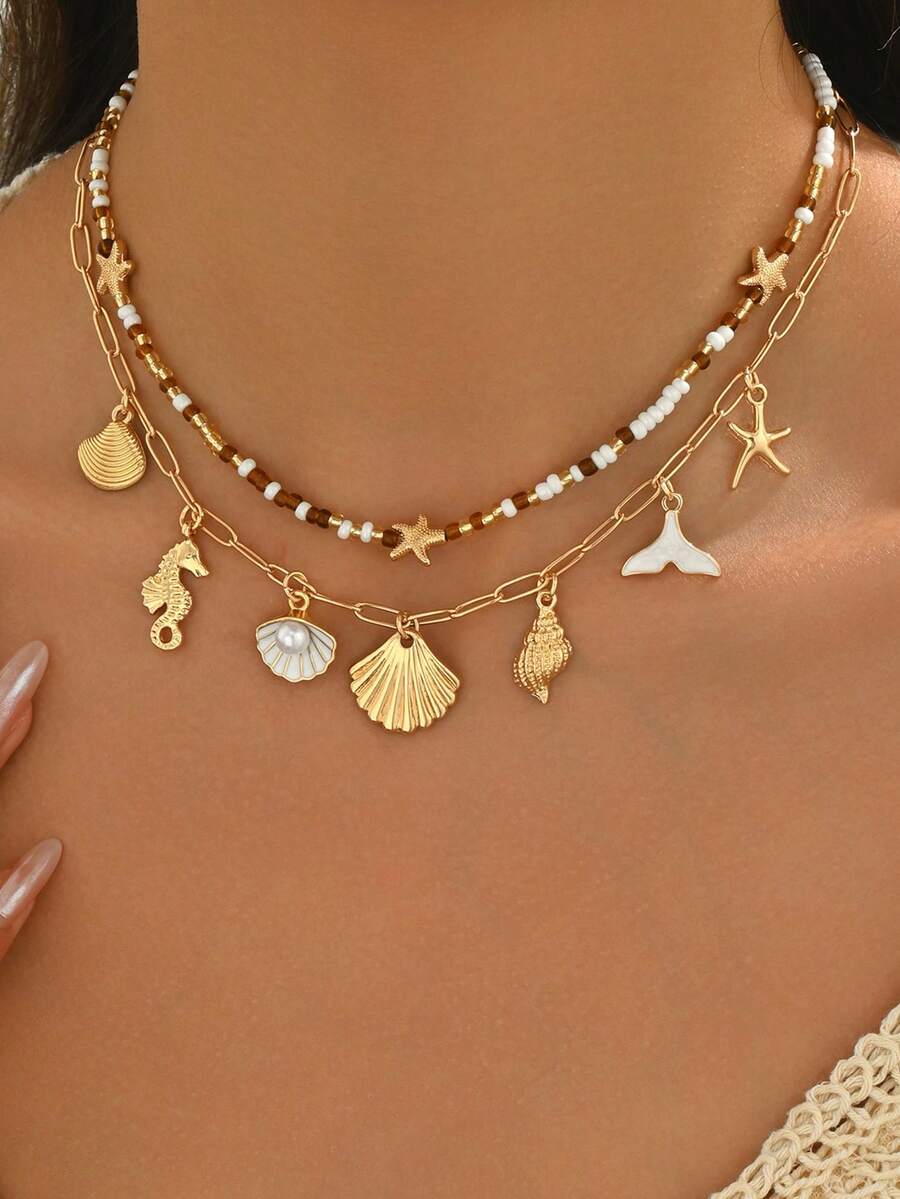 Ensemble de 2 colliers pendentifs créatures marines style bohème insulaire, ras-de-cou perlé fait main, bijoux à la mode pour femme, parfaits au quotidien, à la plage, en soirée ou en festival de musique. - Multicolore - Voir 1