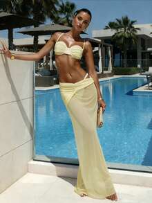 Ensemble de 3 pièces Maillot de bain Bikini unicolore Sexy Balconnet Bikini Jupe mi-longue 2026 Femmes Été Bord de mer Vacances Tenue de bain Maillot de bain Tenue de vacances - Jaune clair - Voir 1