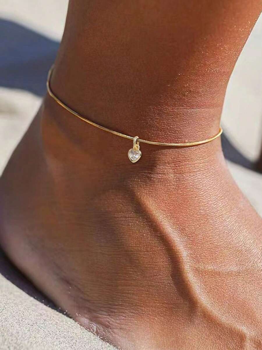 1 buah Gelang Kaki Liontin Hati Minimalis Tembaga dengan Zirkonia Kubik, Cocok Sebagai Hadiah - Yellow Gold - View 1