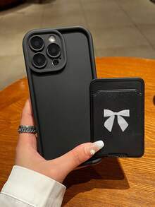 Two Pieces Set Of Black Self-Adhesive Card Holder Card Slot Phone Case Card Insertion Bag And Cardholder White Bow Pink TPU Anti Drop All Inclusive Precision Protective Cover, Compatible With IPhone 17 16e 16 15 14 13 12 11 Mini Pro Max Air X XR XSMAX 8 7 Plus, Anti Drop Frosted Back Case, Smartphone Protective Case, Daily Use Cases, Fashionable Phone Accessories - Black - View 6