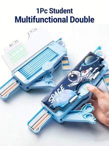 1Pc Student Multifunctional Double-Layer Mechanism Pencil Case - 5 Hidden Pop-Up Gadgets, Built-In Automatic Sharpener, Erasable Whiteboard, Large Capacity Cartoon Stationery Box For Boys & Girls - Multifunctional Double-layer Pencil Case - View 9